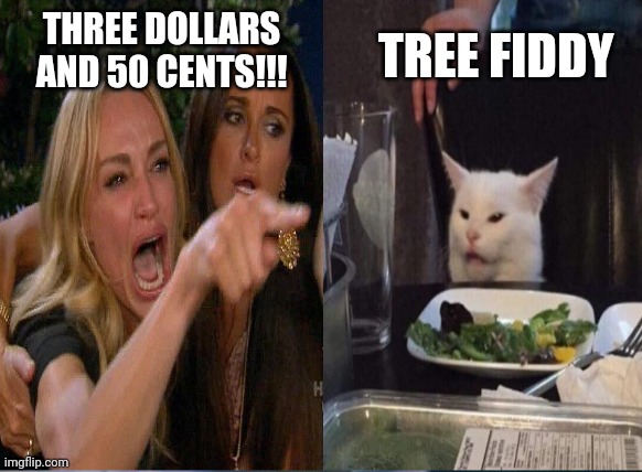 THREE DOLLARS AND 50 CENTS!!! TREE FIDDY | image tagged in southpark,salad cat | made w/ Imgflip meme maker