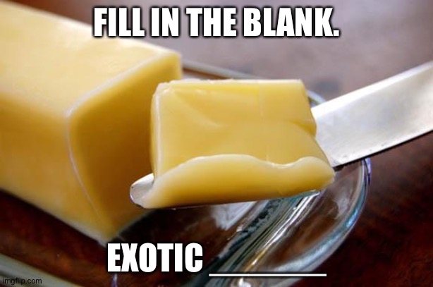 butter | FILL IN THE BLANK. EXOTIC ______ | image tagged in butter | made w/ Imgflip meme maker