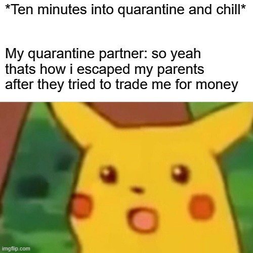 Surprised Pikachu | *Ten minutes into quarantine and chill*; My quarantine partner: so yeah thats how i escaped my parents after they tried to trade me for money | image tagged in memes,surprised pikachu | made w/ Imgflip meme maker