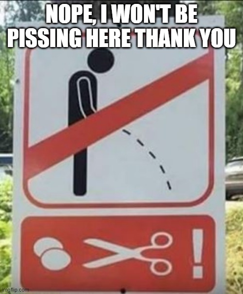 Ouch Much | NOPE, I WON'T BE PISSING HERE THANK YOU | image tagged in funny sign | made w/ Imgflip meme maker