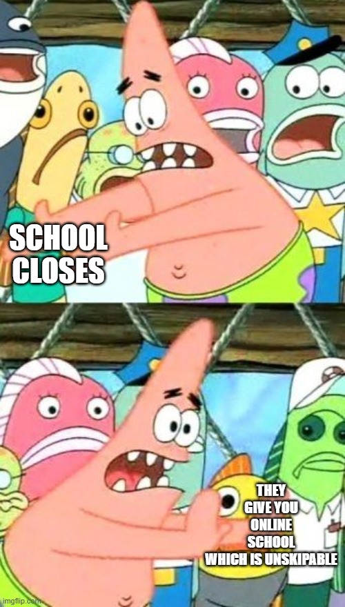 Put It Somewhere Else Patrick | SCHOOL CLOSES; THEY GIVE YOU ONLINE SCHOOL WHICH IS UNSKIPABLE | image tagged in memes,put it somewhere else patrick | made w/ Imgflip meme maker