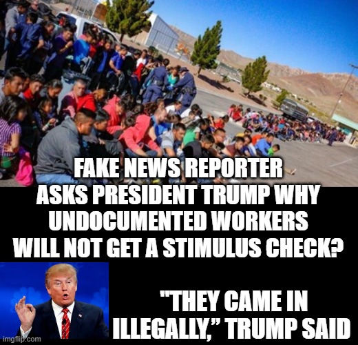 Fake News reporter asks President Trump why undocumented workers will not get a stimulus check? | FAKE NEWS REPORTER ASKS PRESIDENT TRUMP WHY UNDOCUMENTED WORKERS WILL NOT GET A STIMULUS CHECK? "THEY CAME IN ILLEGALLY,” TRUMP SAID | image tagged in fake news,cnn fake news,trump,illegal aliens,stupid liberals | made w/ Imgflip meme maker
