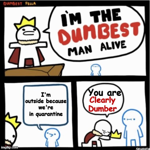 The King of Dumb is Here | I'm outside because we're in quarantine; You are; Clearly
 Dumber | image tagged in i'm the dumbest man alive 2 | made w/ Imgflip meme maker