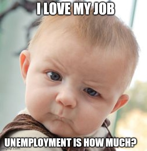 Skeptical Baby Meme | I LOVE MY JOB; UNEMPLOYMENT IS HOW MUCH? | image tagged in memes,skeptical baby | made w/ Imgflip meme maker