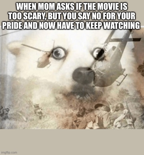 PTSD dog | WHEN MOM ASKS IF THE MOVIE IS TOO SCARY, BUT YOU SAY NO FOR YOUR PRIDE AND NOW HAVE TO KEEP WATCHING | image tagged in ptsd dog | made w/ Imgflip meme maker