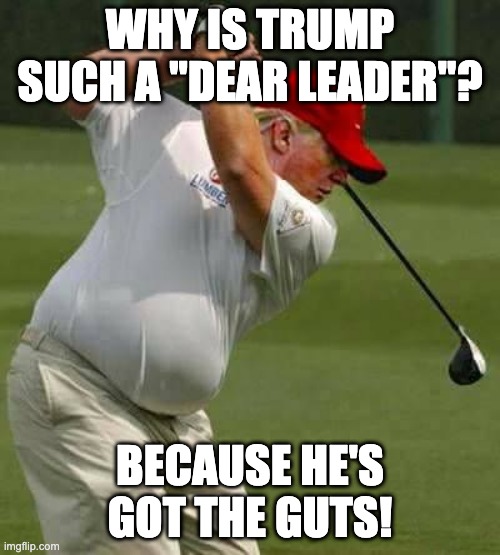 Trump Golfing - Dear Leader - Guts | WHY IS TRUMP SUCH A "DEAR LEADER"? BECAUSE HE'S GOT THE GUTS! | image tagged in trump golf gut,fat trump,gut,golfing,golf | made w/ Imgflip meme maker