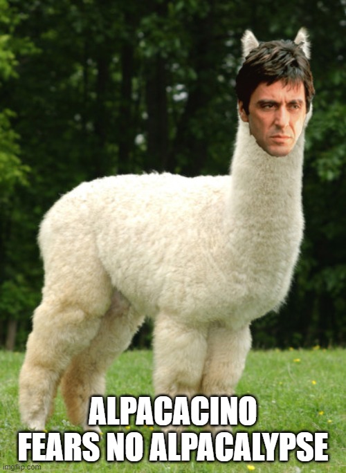 ALPACACINO FEARS NO ALPACALYPSE | image tagged in memes,funny memes,al pacino | made w/ Imgflip meme maker
