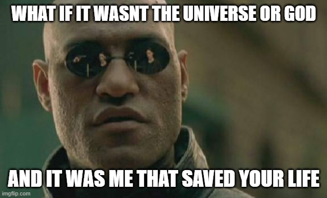 Matrix Morpheus | WHAT IF IT WASNT THE UNIVERSE OR GOD; AND IT WAS ME THAT SAVED YOUR LIFE | image tagged in memes,matrix morpheus | made w/ Imgflip meme maker