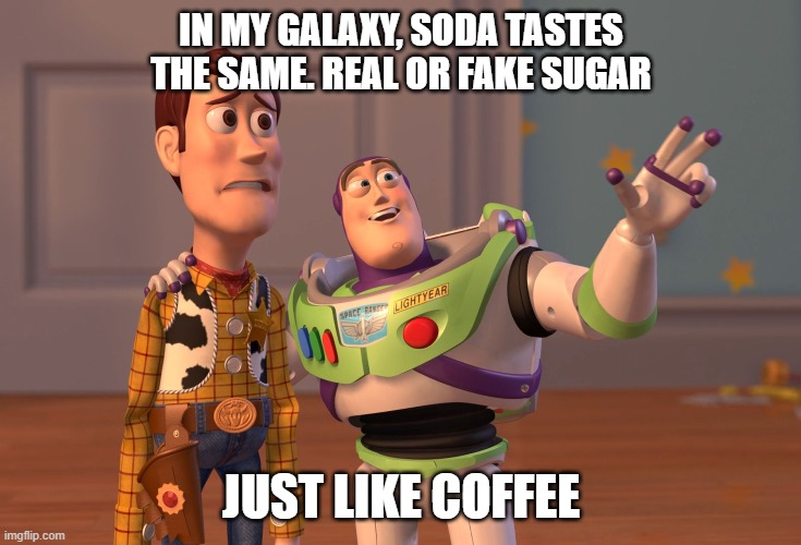 X, X Everywhere | IN MY GALAXY, SODA TASTES THE SAME. REAL OR FAKE SUGAR; JUST LIKE COFFEE | image tagged in memes,x x everywhere | made w/ Imgflip meme maker