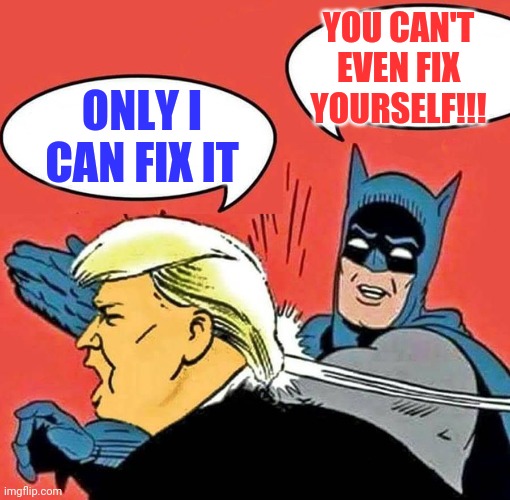 Batman Slapping Trump | YOU CAN'T EVEN FIX YOURSELF!!! ONLY I CAN FIX IT | image tagged in batman slapping trump | made w/ Imgflip meme maker