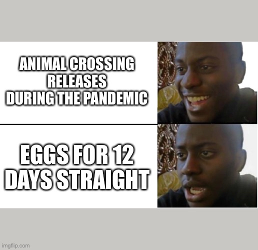 Disappointed Black Guy | ANIMAL CROSSING RELEASES DURING THE PANDEMIC; EGGS FOR 12 DAYS STRAIGHT | image tagged in disappointed black guy,AnimalCrossing | made w/ Imgflip meme maker