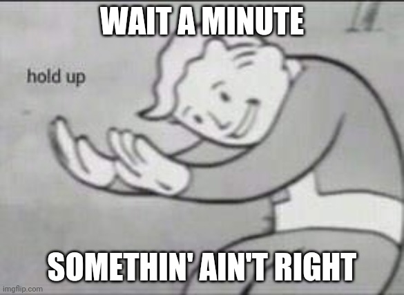 Fallout Hold Up | WAIT A MINUTE; SOMETHIN' AIN'T RIGHT | image tagged in fallout hold up | made w/ Imgflip meme maker