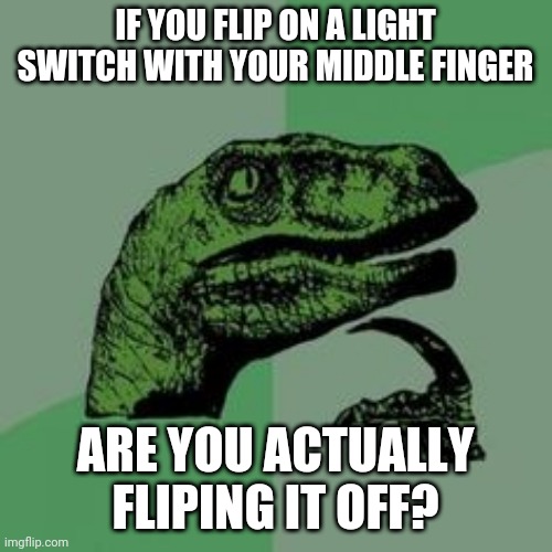 Time raptor  | IF YOU FLIP ON A LIGHT SWITCH WITH YOUR MIDDLE FINGER; ARE YOU ACTUALLY FLIPING IT OFF? | image tagged in time raptor | made w/ Imgflip meme maker