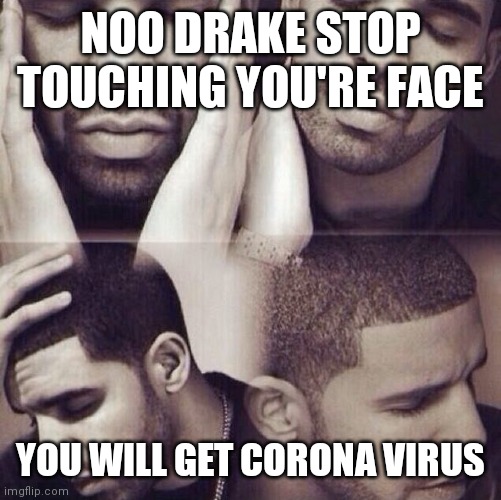 drake-corona | NOO DRAKE STOP TOUCHING YOU'RE FACE; YOU WILL GET CORONA VIRUS | image tagged in coronavirus,drake | made w/ Imgflip meme maker