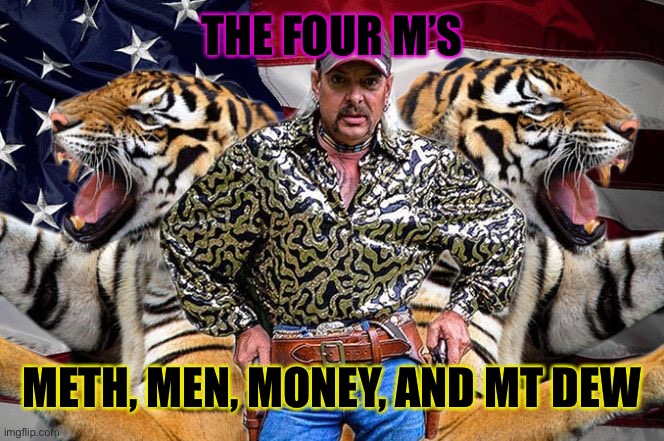 tiger king | THE FOUR M’S; METH, MEN, MONEY, AND MT DEW | image tagged in tiger king | made w/ Imgflip meme maker