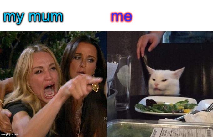 Woman Yelling At Cat Meme | my mum; me | image tagged in memes,woman yelling at cat | made w/ Imgflip meme maker