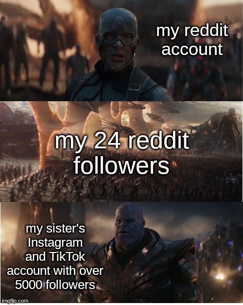 AVENGERS ASSEMBLE! | my reddit account; my 24 reddit followers; my sister's Instagram and TikTok account with over 5000 followers | image tagged in avengers assemble | made w/ Imgflip meme maker