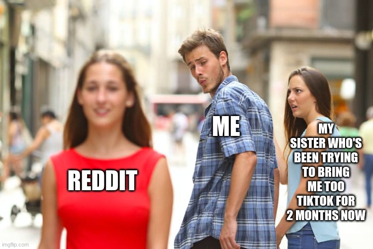 Distracted Boyfriend | MY SISTER WHO'S BEEN TRYING TO BRING ME TOO TIKTOK FOR 2 MONTHS NOW; ME; REDDIT | image tagged in memes,distracted boyfriend | made w/ Imgflip meme maker