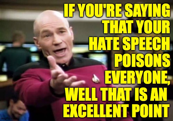 Picard Wtf Meme | IF YOU'RE SAYING
THAT YOUR
HATE SPEECH
POISONS
EVERYONE, WELL THAT IS AN
EXCELLENT POINT | image tagged in memes,picard wtf | made w/ Imgflip meme maker