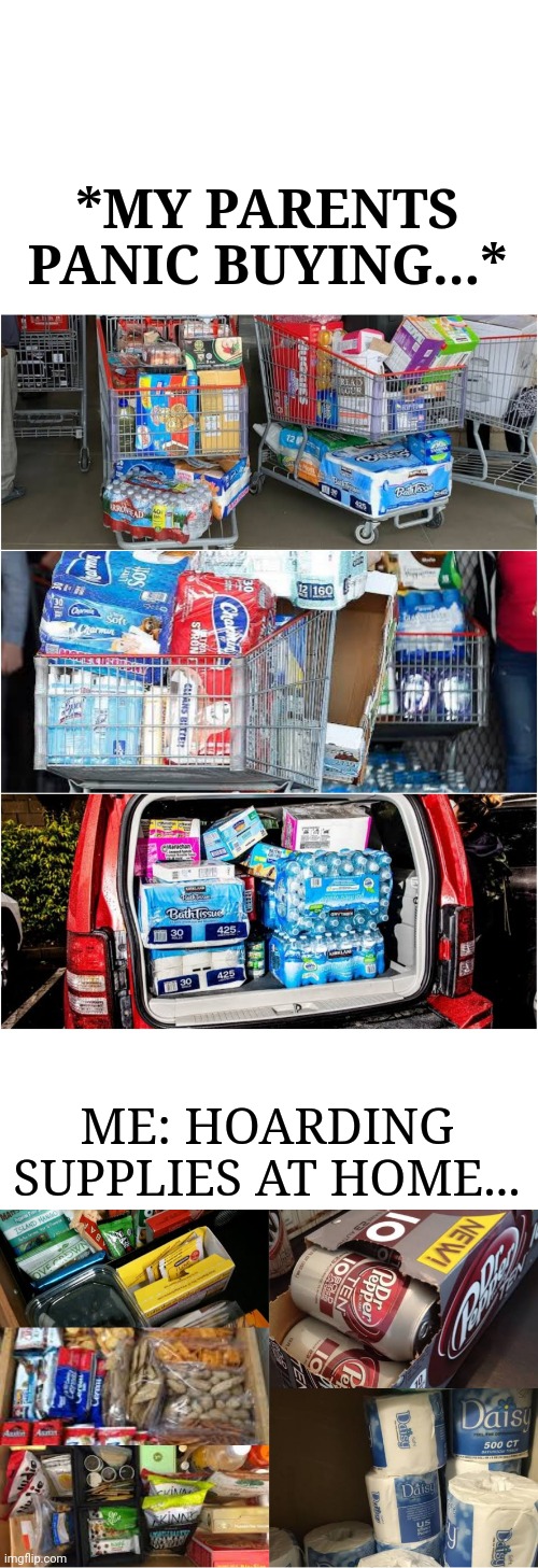 gotta survive... | *MY PARENTS PANIC BUYING...*; ME: HOARDING SUPPLIES AT HOME... | image tagged in coronavirus | made w/ Imgflip meme maker