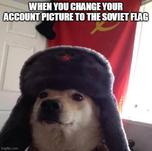 Russian Doge | WHEN YOU CHANGE YOUR ACCOUNT PICTURE TO THE SOVIET FLAG | image tagged in russian doge | made w/ Imgflip meme maker