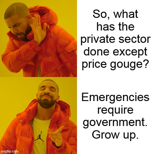 Drake Hotline Bling Meme | So, what has the private sector done except price gouge? Emergencies require government. Grow up. | image tagged in memes,drake hotline bling | made w/ Imgflip meme maker