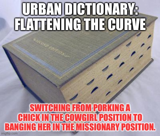 Urban Dictionary - Flattening The Curve | URBAN DICTIONARY: FLATTENING THE CURVE; SWITCHING FROM PORKING A CHICK IN THE COWGIRL POSITION TO BANGING HER IN THE MISSIONARY POSITION. | image tagged in dictionary,memes,bad joke,urban,virus,dirty | made w/ Imgflip meme maker