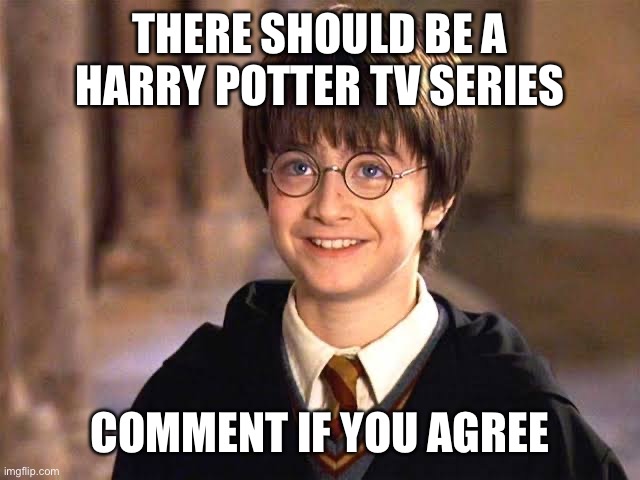 Harry Potter smiling | THERE SHOULD BE A HARRY POTTER TV SERIES; COMMENT IF YOU AGREE | image tagged in harry potter smiling | made w/ Imgflip meme maker