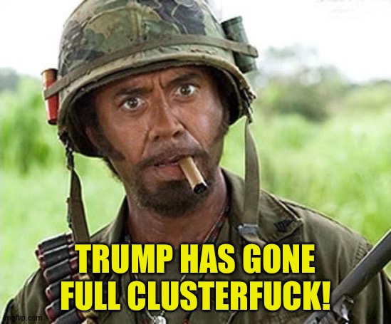 Robert Downey Jr Tropic Thunder | TRUMP HAS GONE FULL CLUSTERF**K! | image tagged in robert downey jr tropic thunder | made w/ Imgflip meme maker