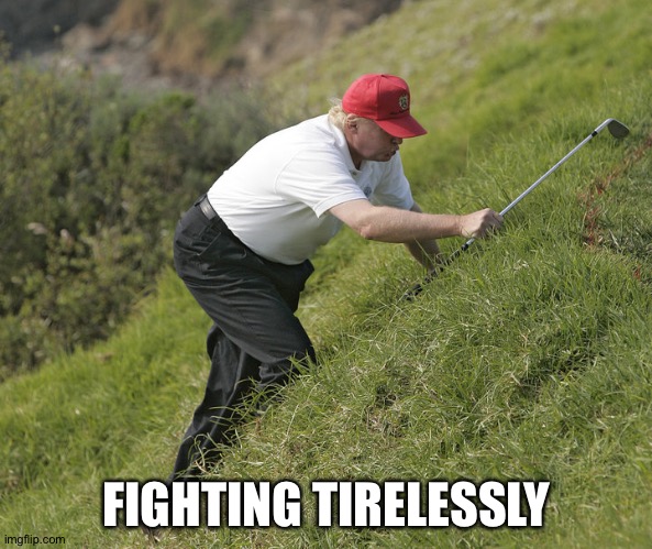 trump golfing | FIGHTING TIRELESSLY | image tagged in trump golfing | made w/ Imgflip meme maker