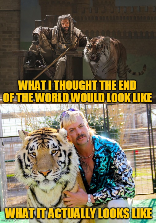 Zombie Letdown | WHAT I THOUGHT THE END OF THE WORLD WOULD LOOK LIKE; WHAT IT ACTUALLY LOOKS LIKE | image tagged in end of the world,tiger king,the walking dead,joe exotic,coronavirus,covid19 | made w/ Imgflip meme maker