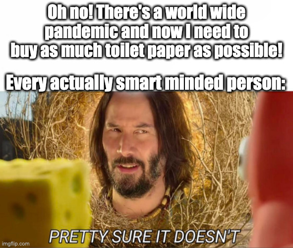 Toilet Paper no-one? | Oh no! There's a world wide pandemic and now I need to buy as much toilet paper as possible! Every actually smart minded person: | image tagged in im pretty sure it doesnt | made w/ Imgflip meme maker