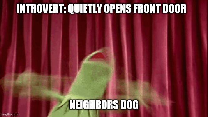 Panic Kermit |  INTROVERT: QUIETLY OPENS FRONT DOOR; NEIGHBORS DOG | image tagged in panic kermit | made w/ Imgflip meme maker