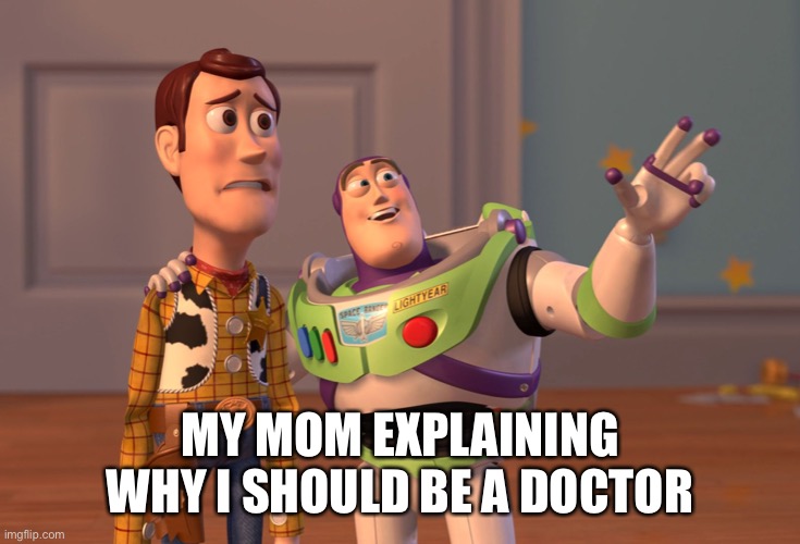 X, X Everywhere | MY MOM EXPLAINING WHY I SHOULD BE A DOCTOR | image tagged in memes,x x everywhere | made w/ Imgflip meme maker