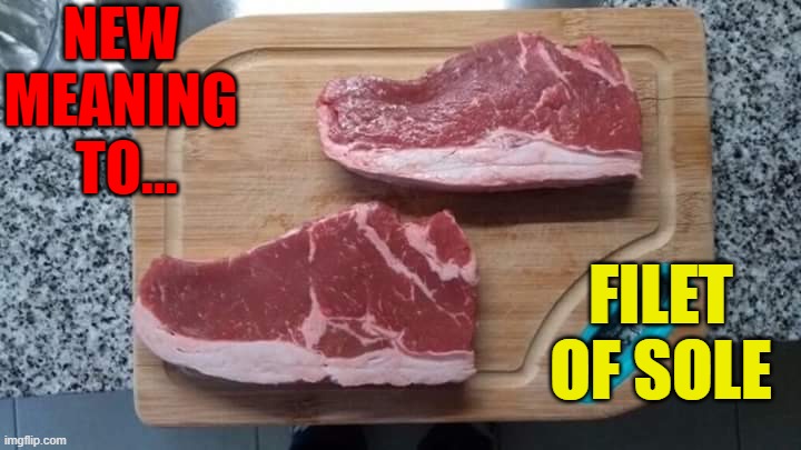 Mis-Steaks in Footwear or the case of Meaty Feety |  NEW MEANING  TO... FILET OF SOLE | image tagged in vince vance,steak,shoes,ribeye,raw,new memes | made w/ Imgflip meme maker