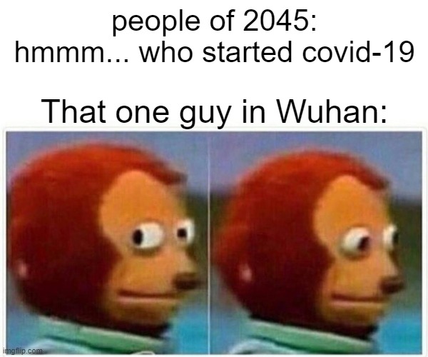 Monkey Puppet | people of 2045: hmmm... who started covid-19; That one guy in Wuhan: | image tagged in memes,monkey puppet | made w/ Imgflip meme maker