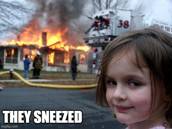 Disaster Girl Meme | THEY SNEEZED | image tagged in memes,disaster girl | made w/ Imgflip meme maker