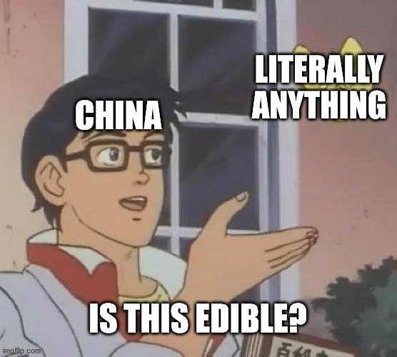 Is This A Pigeon Meme | LITERALLY ANYTHING; CHINA; IS THIS EDIBLE? | image tagged in memes,is this a pigeon | made w/ Imgflip meme maker