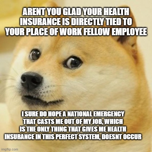 wow who could have predicted that? certainly not me! | ARENT YOU GLAD YOUR HEALTH INSURANCE IS DIRECTLY TIED TO YOUR PLACE OF WORK FELLOW EMPLOYEE; I SURE DO HOPE A NATIONAL EMERGENCY THAT CASTS ME OUT OF MY JOB, WHICH IS THE ONLY THING THAT GIVES ME HEALTH INSURANCE IN THIS PERFECT SYSTEM, DOESNT OCCUR | image tagged in memes,doge,healthcare is a right | made w/ Imgflip meme maker
