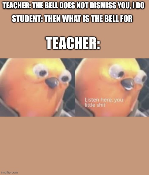 Listen here you little shit bird | TEACHER: THE BELL DOES NOT DISMISS YOU, I DO; STUDENT: THEN WHAT IS THE BELL FOR; TEACHER: | image tagged in listen here you little shit bird | made w/ Imgflip meme maker