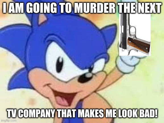 Sonic | I AM GOING TO MURDER THE NEXT; TV COMPANY THAT MAKES ME LOOK BAD! | image tagged in sonic meme | made w/ Imgflip meme maker