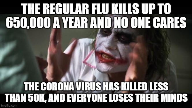 And everybody loses their minds Meme | THE REGULAR FLU KILLS UP TO 650,000 A YEAR AND NO ONE CARES; THE CORONA VIRUS HAS KILLED LESS THAN 50K, AND EVERYONE LOSES THEIR MINDS | image tagged in memes,and everybody loses their minds | made w/ Imgflip meme maker