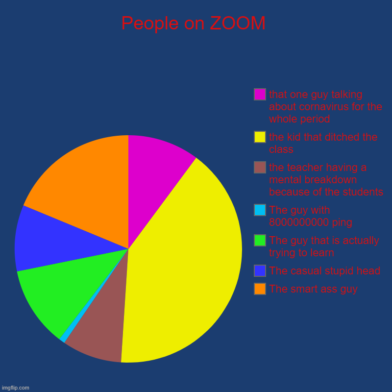 People on ZOOM | The smart ass guy, The casual stupid head, The guy that is actually trying to learn, The guy with 8000000000 ping, the teac | image tagged in charts,pie charts | made w/ Imgflip chart maker
