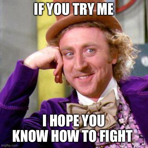 Willy Wonka Blank | IF YOU TRY ME; I HOPE YOU KNOW HOW TO FIGHT | image tagged in willy wonka blank | made w/ Imgflip meme maker