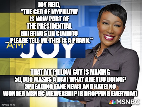 Joy Reid spreading hate and Fake News at MSNBC. No wonder their viewership is dropping everyday! | JOY REID, "THE CEO OF MYPILLOW IS NOW PART OF THE PRESIDENTIAL BRIEFINGS ON COVID19 ... PLEASE TELL ME THIS IS A PRANK."; THAT MY PILLOW GUY IS MAKING 50,000 MASKS A DAY! WHAT ARE YOU DOING? SPREADING FAKE NEWS AND HATE! NO WONDER MSNBC VIEWERSHIP IS DROPPING EVERYDAY! | image tagged in msnbc,fake news,stupid liberals | made w/ Imgflip meme maker
