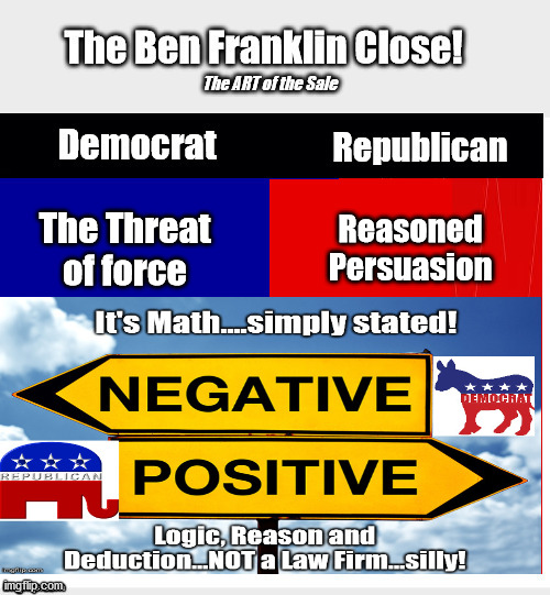 The Ben Franklin Close... | Reasoned Persuasion; The Threat of force | image tagged in logic,reason,objective reasoning,natural laws,persuasion or force | made w/ Imgflip meme maker