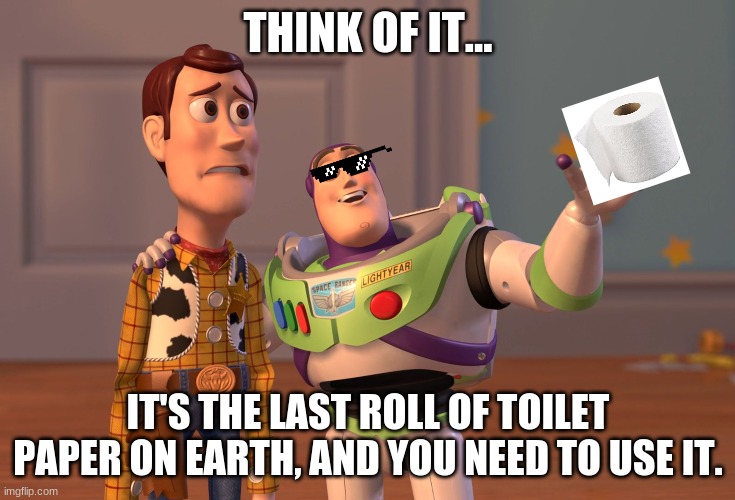 toilet paper meme | THINK OF IT... IT'S THE LAST ROLL OF TOILET PAPER ON EARTH, AND YOU NEED TO USE IT. | image tagged in memes,x x everywhere | made w/ Imgflip meme maker