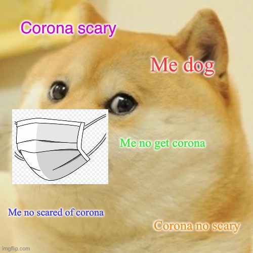 Doge | Corona scary; Me dog; Me no get corona; Me no scared of corona; Corona no scary | image tagged in memes,doge | made w/ Imgflip meme maker