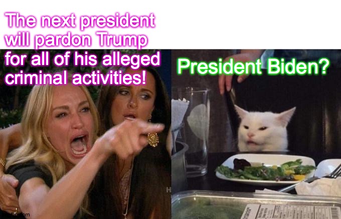 Woman Yelling At Cat Meme | The next president
will pardon Trump
for all of his alleged
criminal activities! President Biden? | image tagged in memes,woman yelling at cat,president joe,defendant trump | made w/ Imgflip meme maker