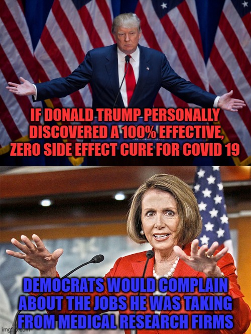 IF DONALD TRUMP PERSONALLY  DISCOVERED A 100% EFFECTIVE, ZERO SIDE EFFECT CURE FOR COVID 19; DEMOCRATS WOULD COMPLAIN ABOUT THE JOBS HE WAS TAKING FROM MEDICAL RESEARCH FIRMS | image tagged in donald trump,nancy pelosi is crazy | made w/ Imgflip meme maker